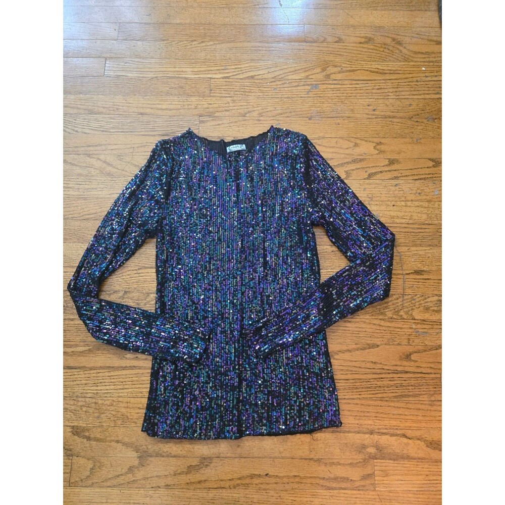 Free People Gold Rush Sequin Mesh Long Sleeve Party Top Black Purple Small